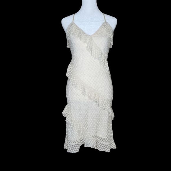 Chelsea & Violet Dresses & Skirts - Chelsea & Violet Cream Polka Dot Mesh Asymmetrical Ruffle Midi Dress Small Boho